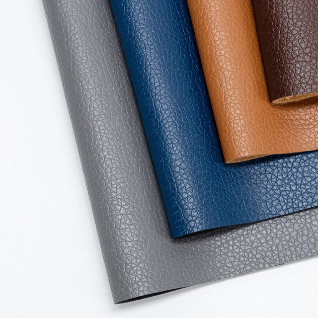 Close-up of various leather textures in gray, blue, brown, and black on a white background.