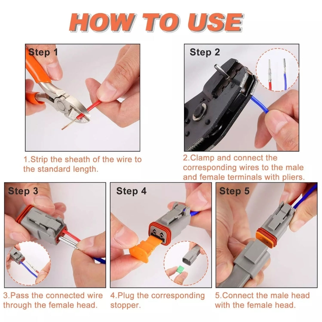 Step-by-step guide on how to use a DT wire connector tool with text instructions