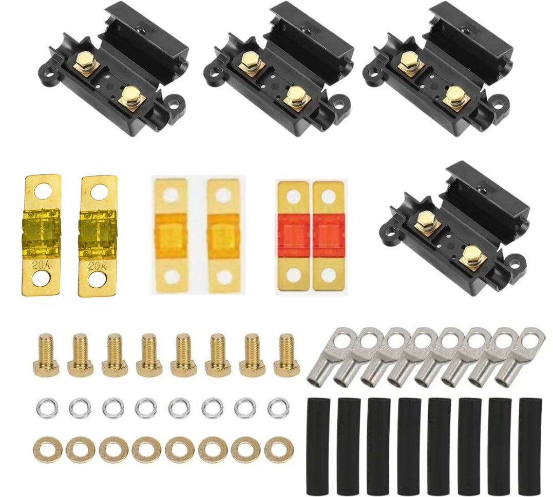 Collection of 50a midi fuse kit and cable lugs on a white background