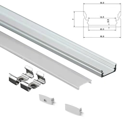 Aluminum profile kit with components on a white background