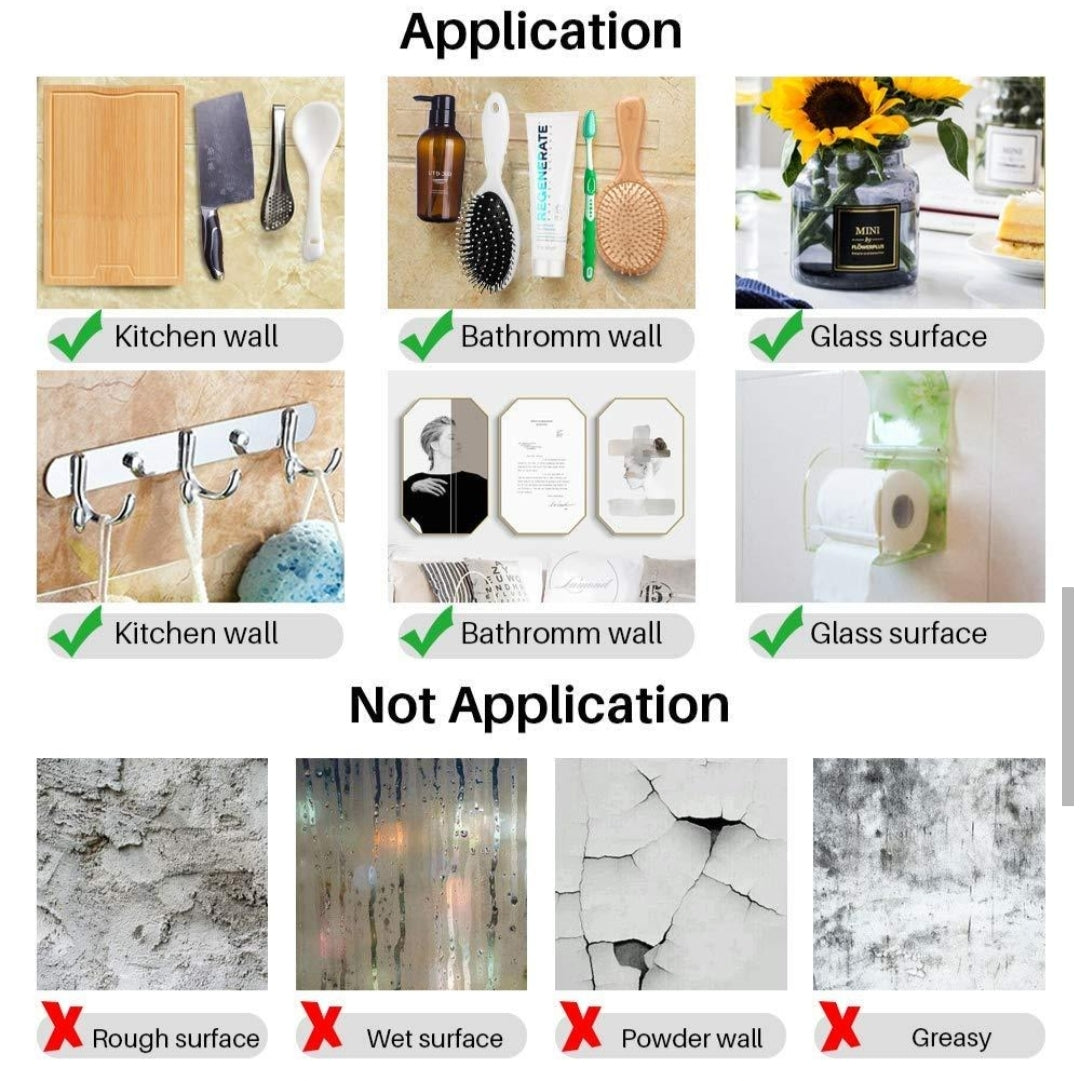 Application chart for nano tape with images of suitable and unsuitable surfaces.