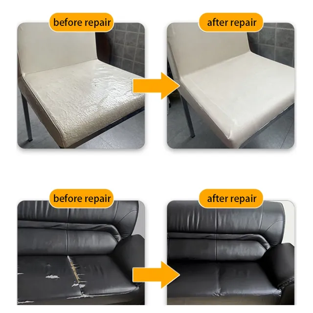 Before and after repair comparison of a chair and a sofa.