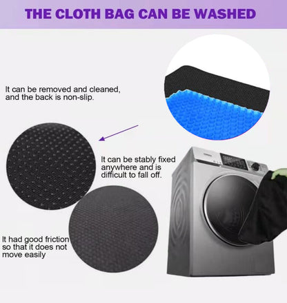 Black cloth bag with text on its features and a washing machine in the background.