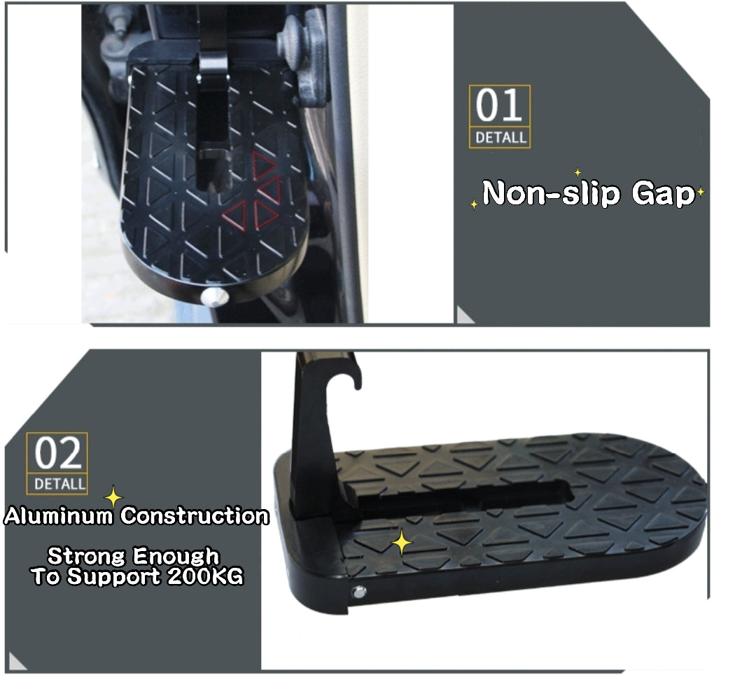 Black door step with non-slip gap and aluminum construction details on a gray background