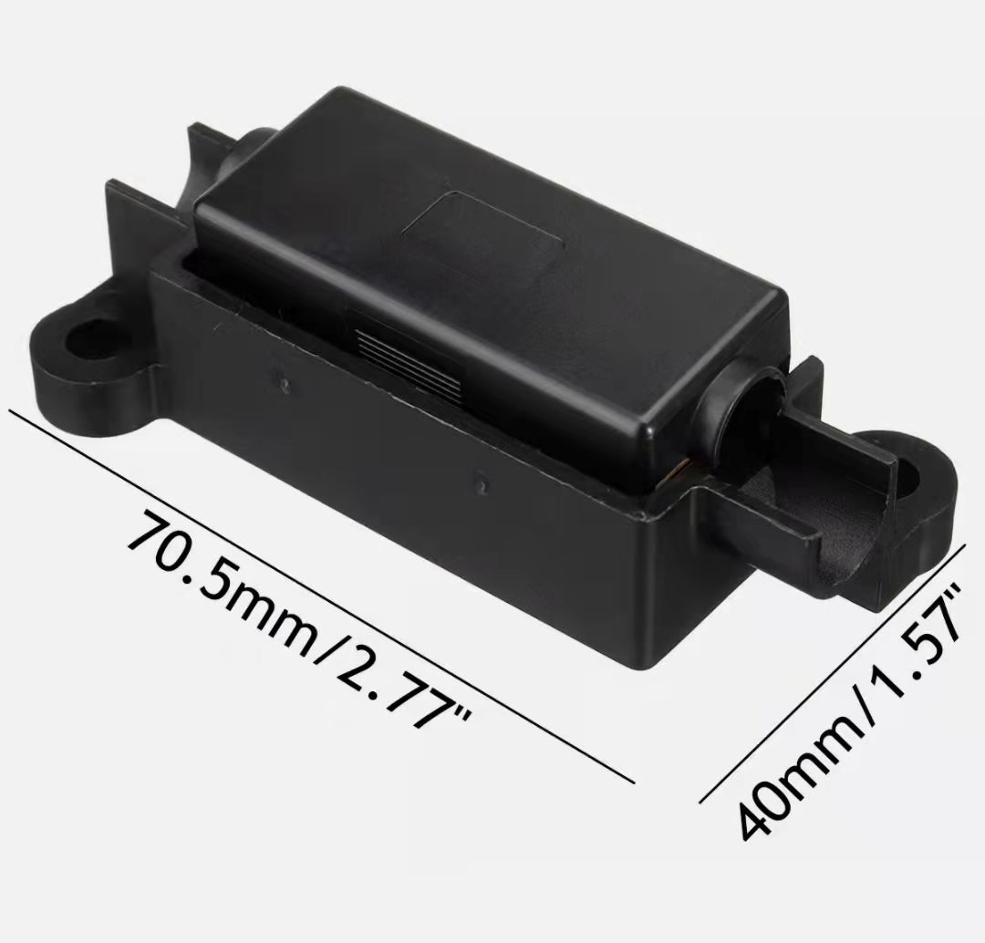 Black plastic midi fuse holder with dimensions labeled on a white background