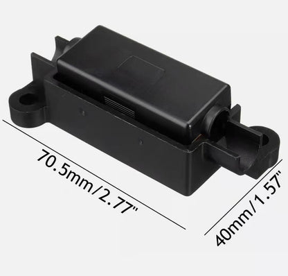 Black plastic midi fuse holder with dimensions labeled on a white background