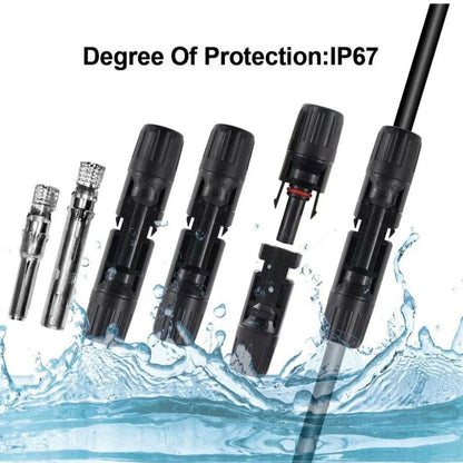 Black waterproof mc4 connectors with water splashes and text indicating IP67 protection on a white background.