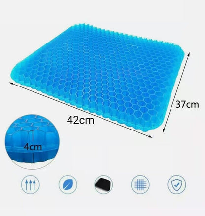 Blue honeycomb cushion with dimensions on a white background