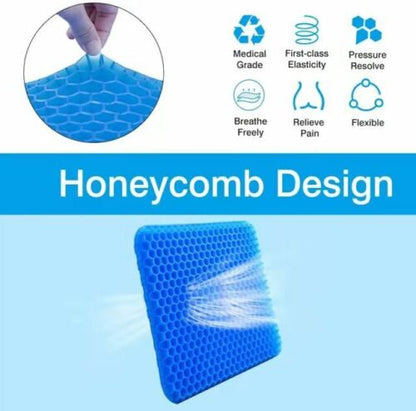Blue honeycomb design gel pillow with features listed on a blue background