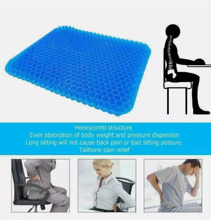 Blue honeycomb seat cushion with illustrations of people using it and text about its benefits.