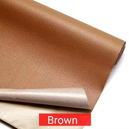 Brown leather fabric with a visible brand name on a white background