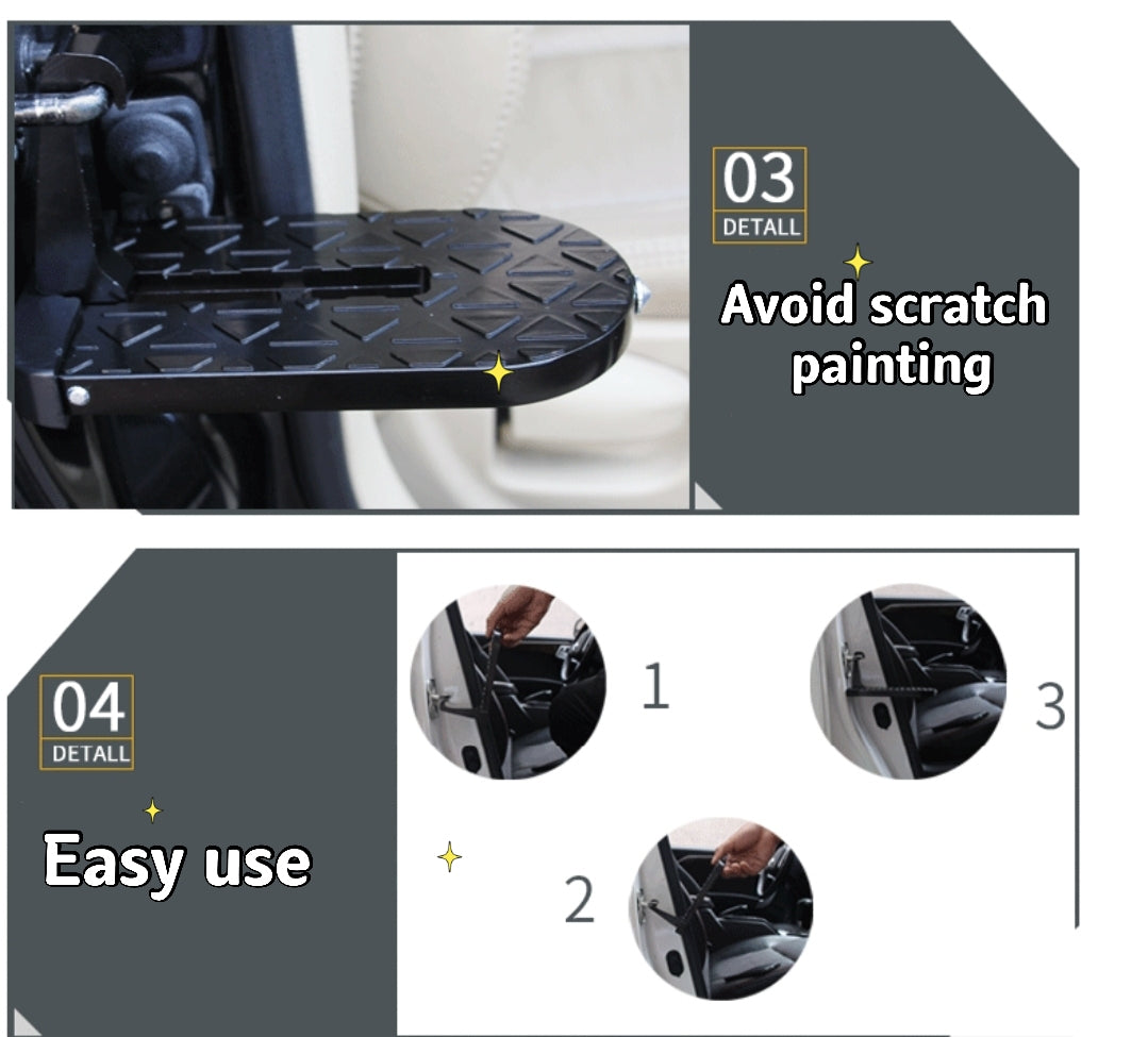 Car step pad with text on avoiding scratch painting and easy use instructions.