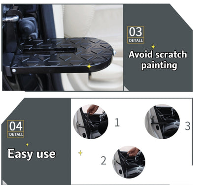 Car step pad with text on avoiding scratch painting and easy use instructions.