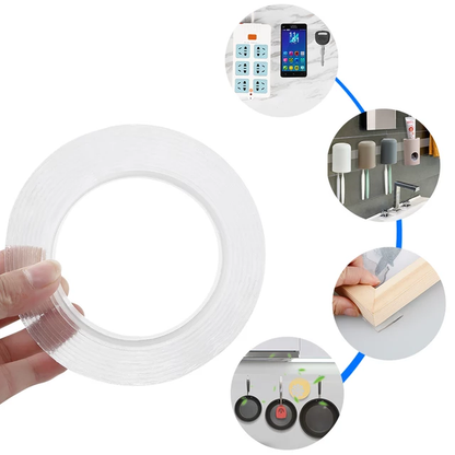 Clear circular nano tape held by a hand with additional images of electronic devices and cleaning tools on a white background.