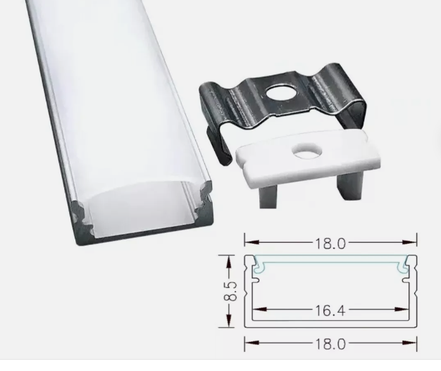 Close-up of a aluminium led channel with dimensions labeled on a white background