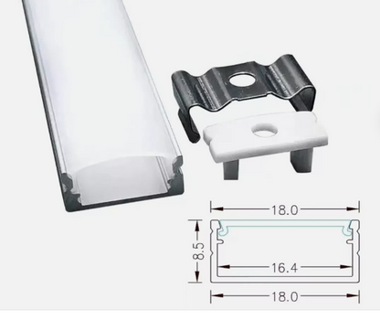 Close-up of a aluminium led channel with dimensions labeled on a white background
