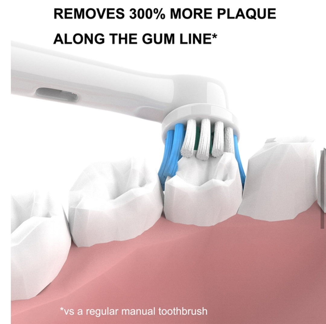 Close-up of a toothbrush head cleaning between teeth with text highlighting plaque removal benefits.