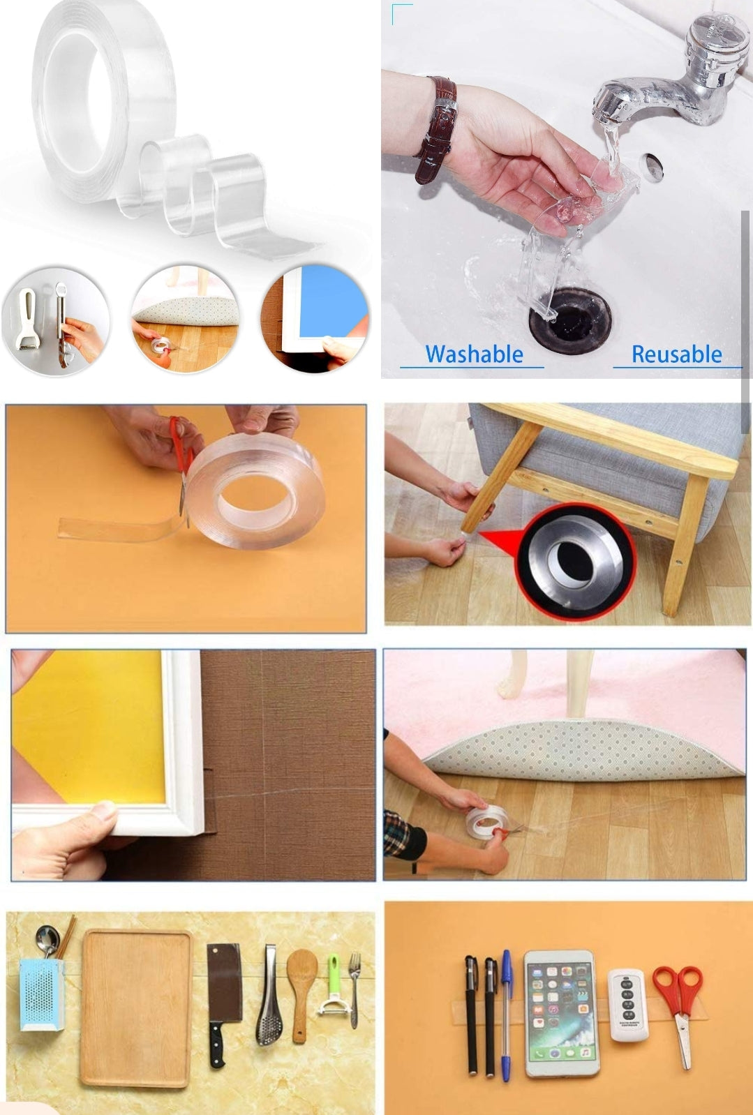 Collage of a washable and reusable nano tape being used in various scenarios.