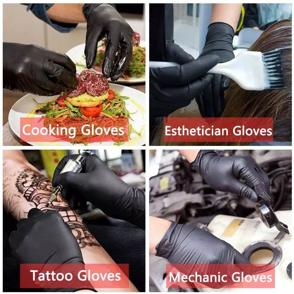 Collage of different types of nitrile gloves used in various professions.