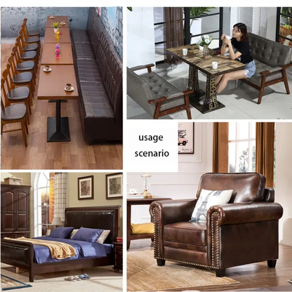 Collage of various furniture pieces including a dining table, chairs, sofa, armchair, and bed.