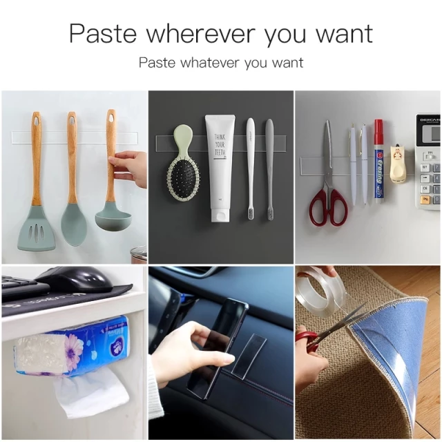 Collage of various nano tape being used on a whiteboard with text 'Paste wherever you want Paste whatever you want'.