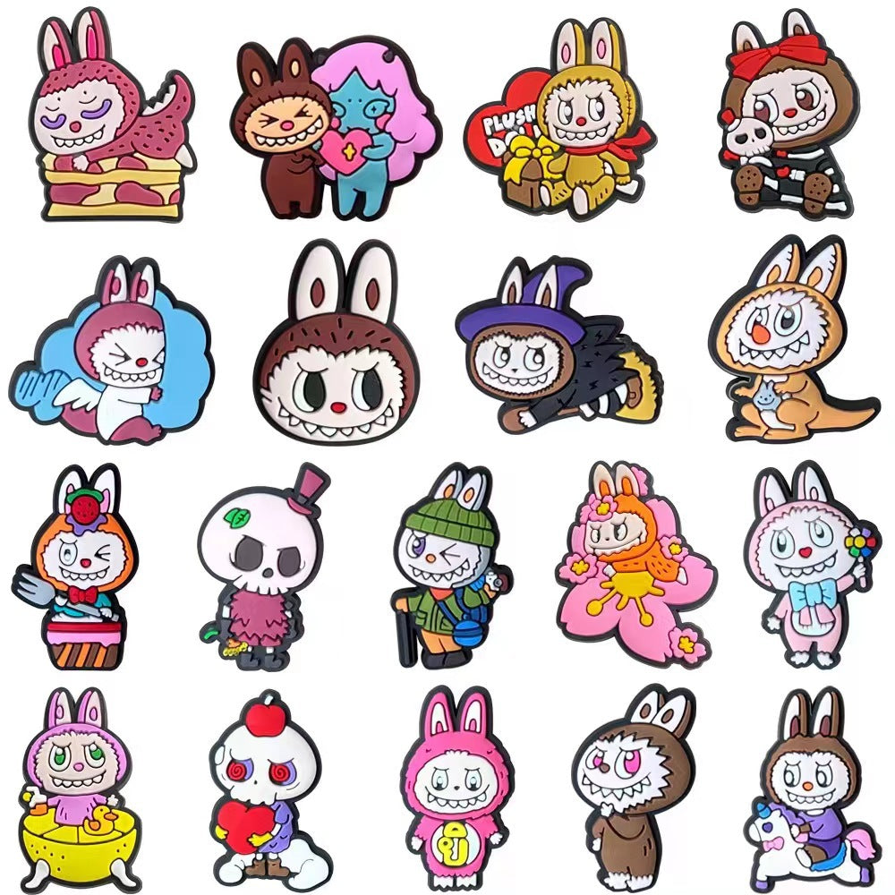 Collection of colorful labubu shoe charms cartoon character pins on a white background