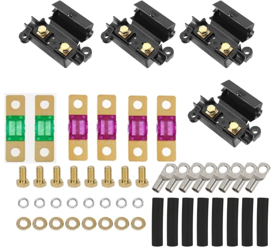 Collection of midi fuse holder kit and 30 100 150a midi fuse on a white background