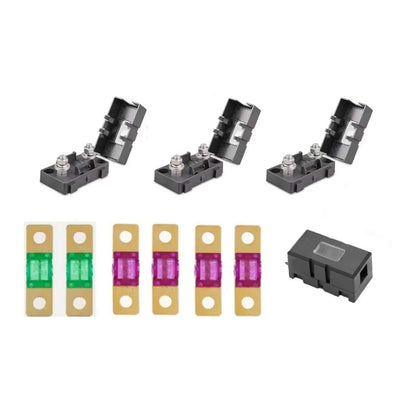 Collection of midi  fuses holders kit and 30 40 80a midi fuse on a white background