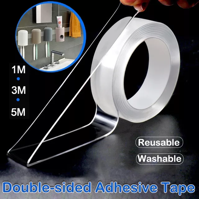Double-sided adhesive tape with measurement details and bathroom application example on a dark background.