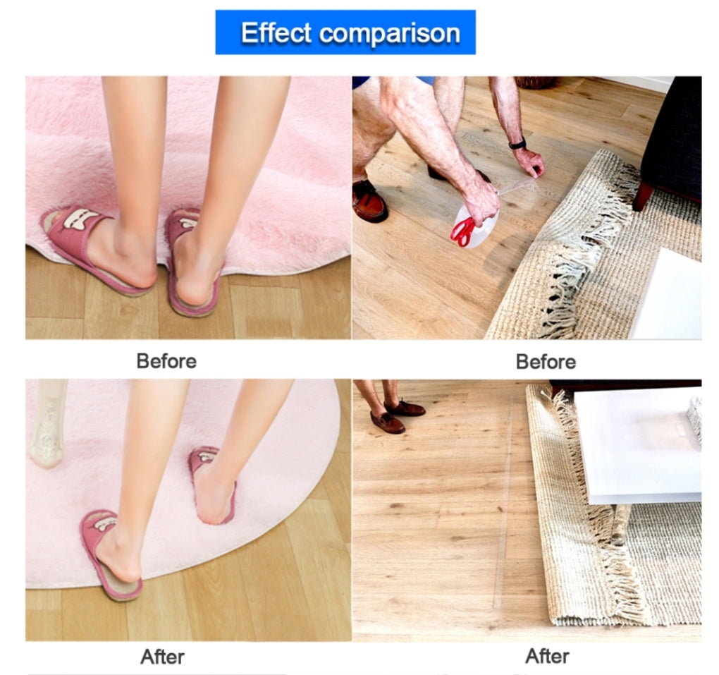 Effect comparison of nano tape on a wooden floor with before and after images.