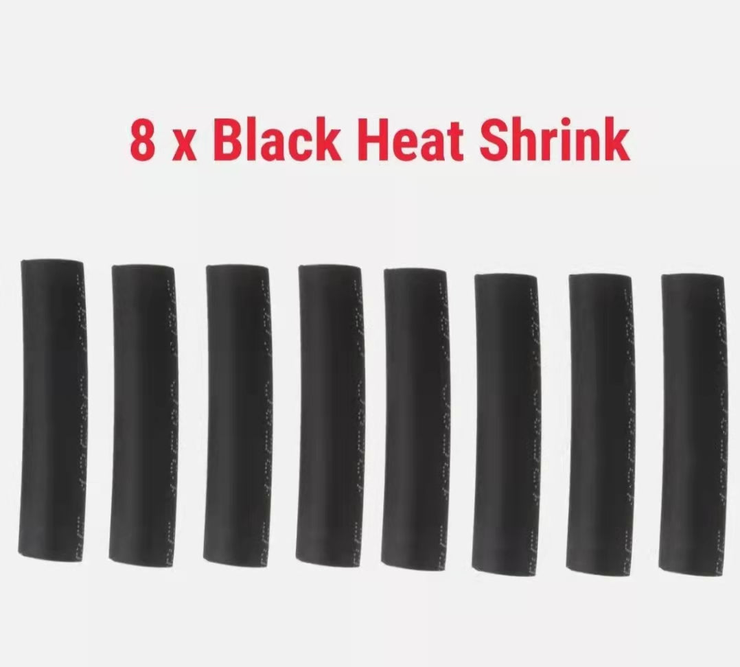 Eight black heat shrink tubes on a white background with red text.