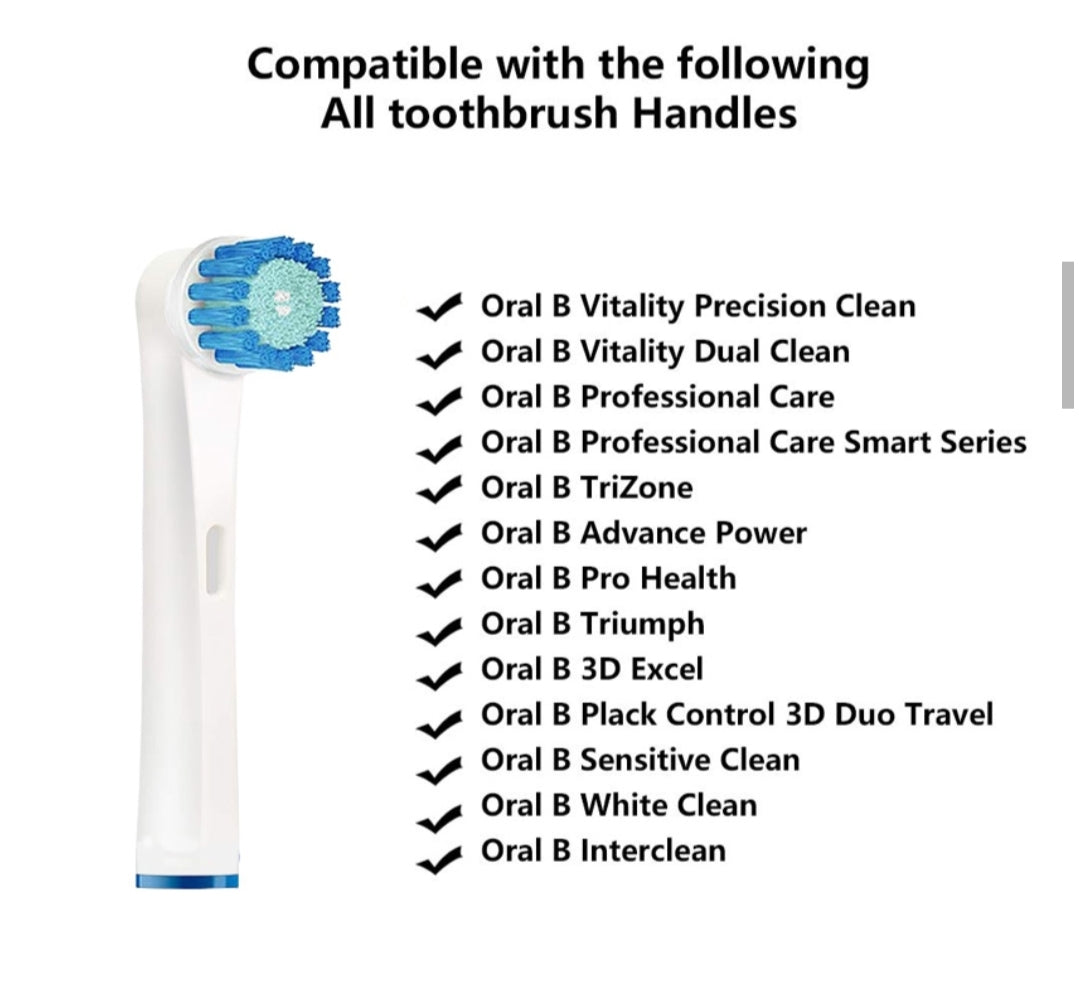 Electric toothbrush head with compatibility list for Oral B toothbrush handles on a white background