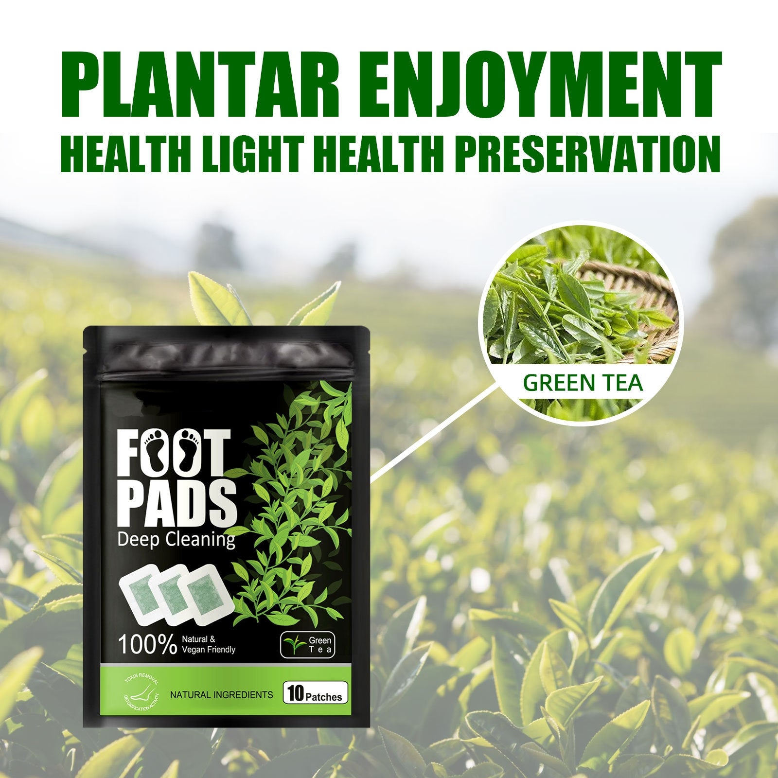 Foot pads packaging with green tea theme and plant background
