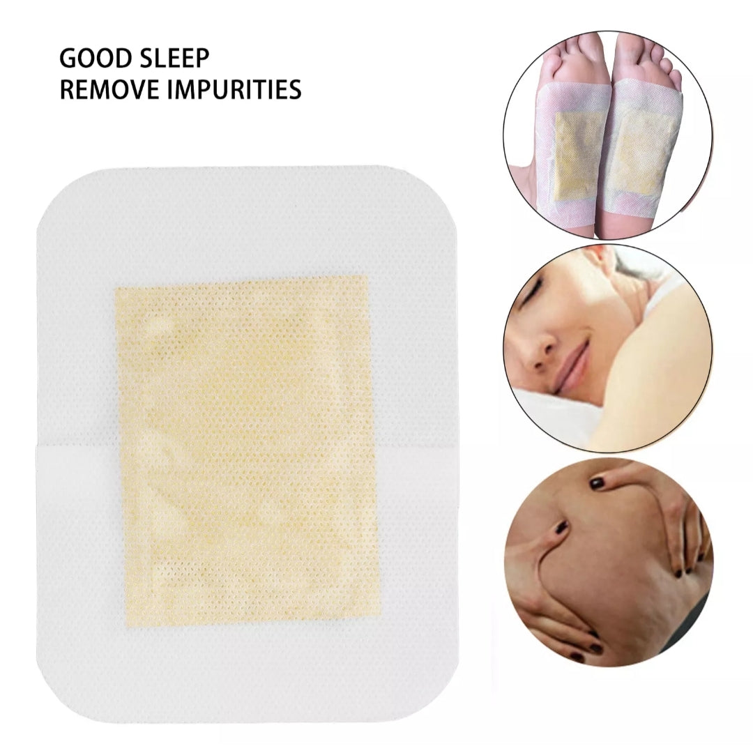 Foot patch with images of feet wearing it and a close-up of skin benefits on a white background.