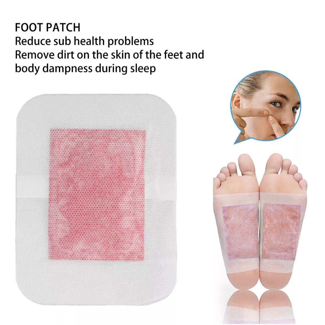Foot patch with text on its benefits and a close-up of feet wearing the patch.
