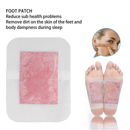 Foot patch with text on its benefits and a close-up of feet wearing the patch.