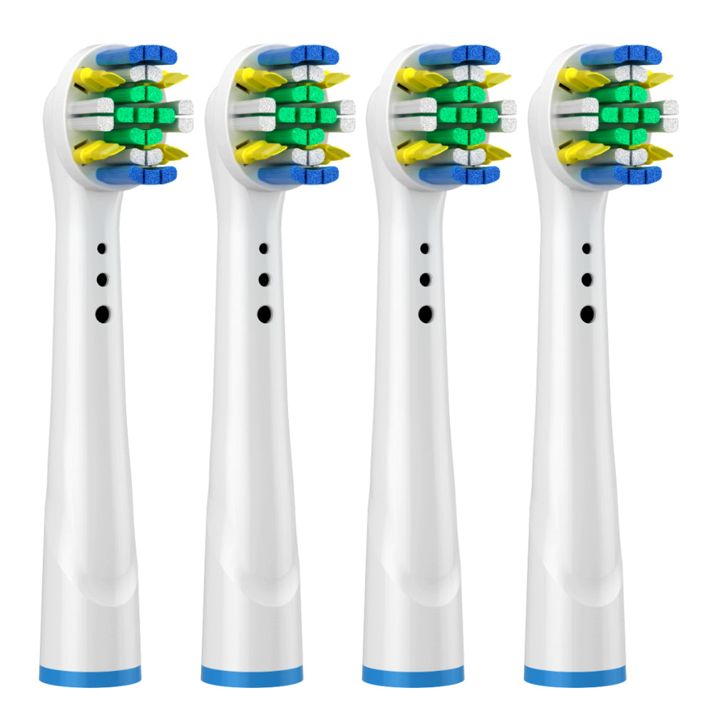 Four electric toothbrush heads with white bodies and colorful bristle heads on a white background