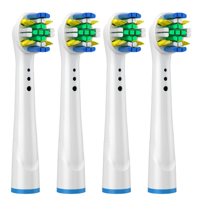 Four electric toothbrush heads with white bodies and colorful bristle heads on a white background