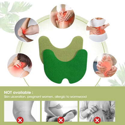 Green herbal knee pad product with images of people using it and a list of contraindications.
