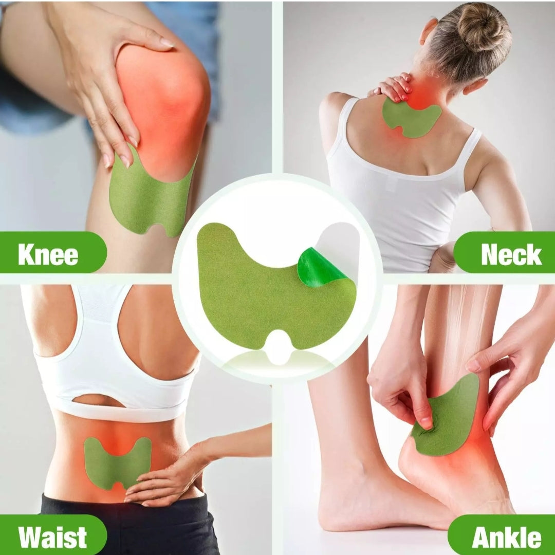Green patches applied to various parts of a person's body including knee, neck, waist, and ankle.