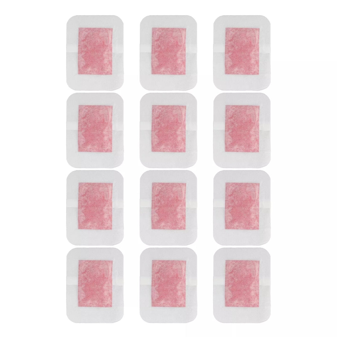 Grid of pink detox foot patches in white packaging on a white background