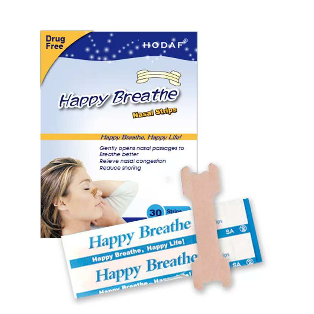 Happy Breathe nasal strips packaging with a person using the strips on a white background