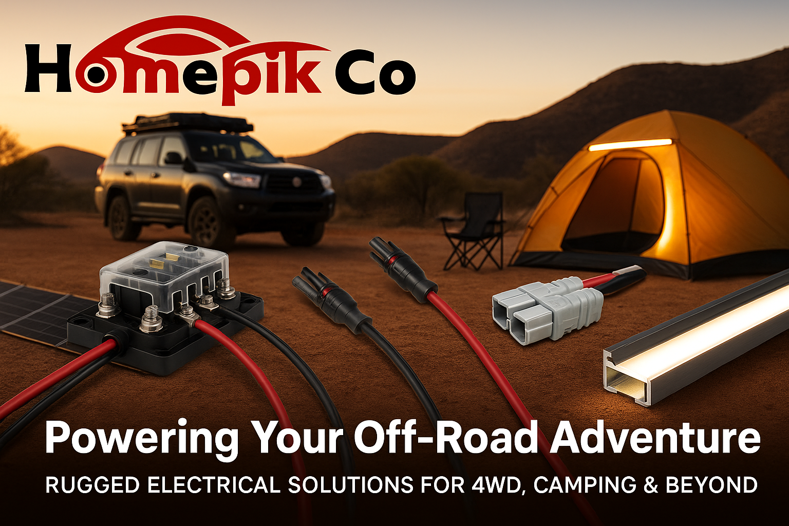 Homepik Co advertisement with off-road vehicle, tent, and electrical components in a desert setting.
