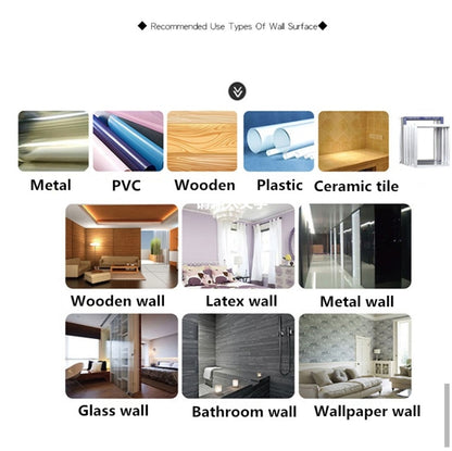 Illustrations of different wall surfaces and materials for nano tape with corresponding images of rooms.