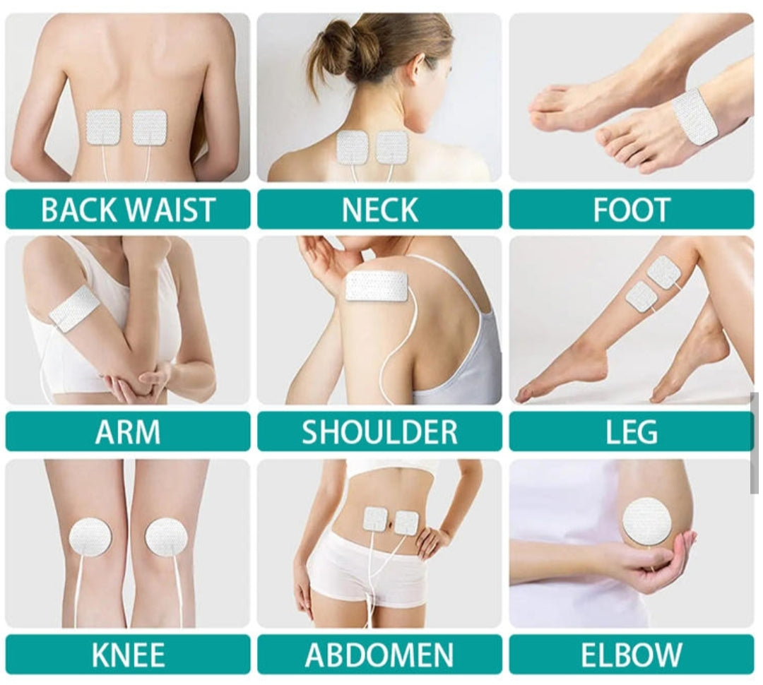 Illustrations of various body parts with adhesive patches applied, labeled from 'Back Waist' to 'Elbow'.