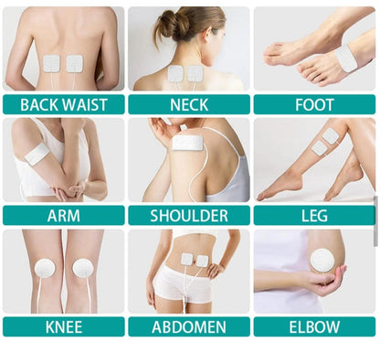 Illustrations of various body parts with adhesive patches applied, labeled from 'Back Waist' to 'Elbow'.