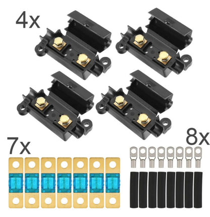 Complete MIDI fuse kit with 4 fuse holders, 7 assorted fuses, and cable lugs – ideal for automotive, marine, and solar setups. All-in-one solution for safe circuit protection.