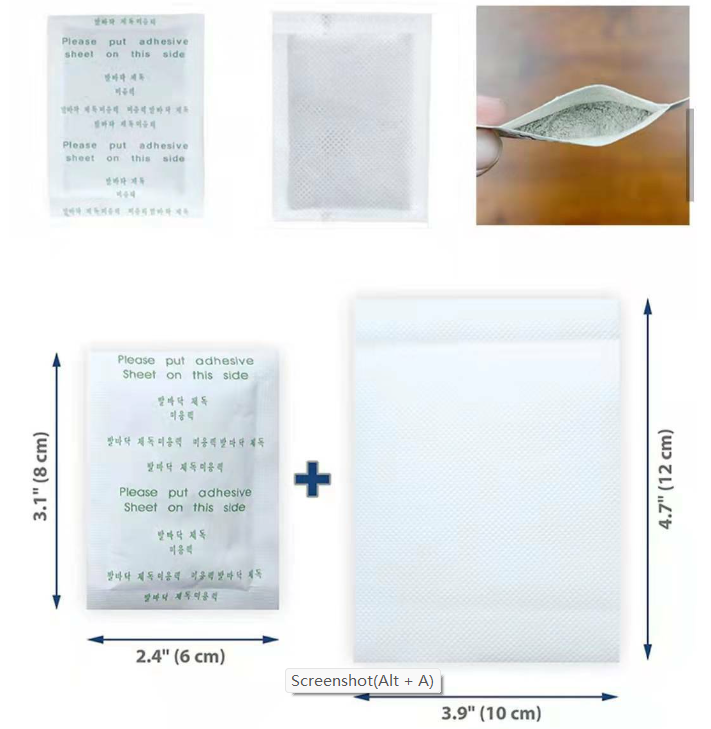 Measurement chart of detox foot patch with dimensions and a close-up of a hand holding a small container.