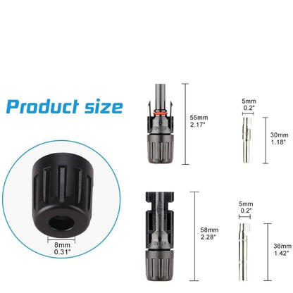 Measurement chart of mc4 connector various tool attachments with dimensions on a white background