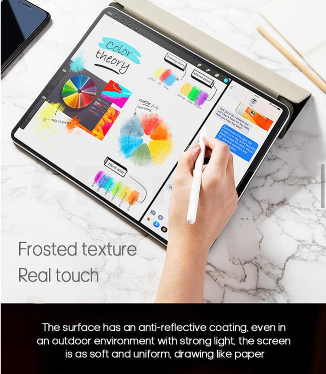 Person using a stylus on a paper like screen protector tablet with color theory app on a marble surface